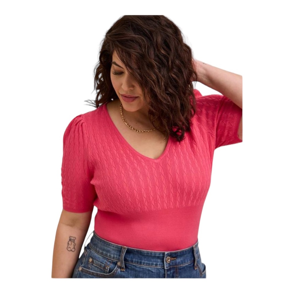Torrid Fitted Pullover V-neck Sweater Short Sleeve Pink Puff Sleeve | Size 3X